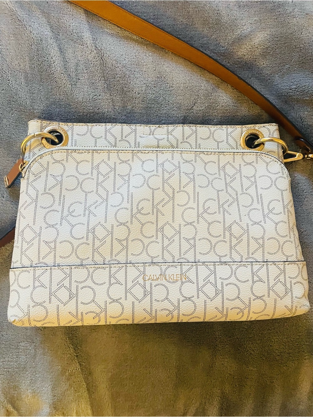 Calvin Klein Cream and Tan Monogram Crossbody Bag